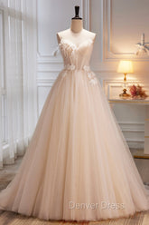 Champagne Spaghetti Strap Tulle Formal Dresses with Feathers, Cute A-Line Evening Dresses