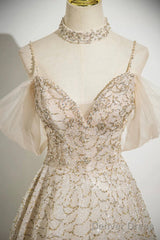 Champagne Spaghetti Strap Tulle Long Prom Dress, Shiny A-Line Evening Dress