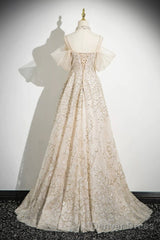 Champagne Spaghetti Strap Tulle Long Prom Dress, Shiny A-Line Evening Dress