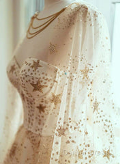 Champagne Stars A-Line Tulle Long Formal Dresses, Champagne Prom Dresses