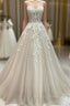 Champagne Strapless Lace Long Prom Dress, A Line Prom Dresses