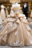 Champagne Strapless Tulle Appliques Prom Dresses