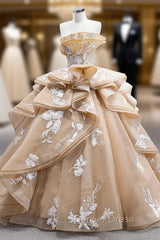 Champagne Strapless Tulle Appliques Prom Dresses