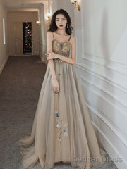 Champagne Sweetheart Beaded And Lace Long Party Dress, A-Line Champagne Prom Dress