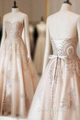 Champagne Sweetheart Lace Applique Long Prom Dresses, Champagne Evening Dresses