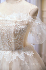 Champagne Sweetheart Lace Tulle Party Dresses, A-Line Homecoming Dresses