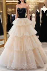 Champagne Sweetheart Neck Tulle Long Prom Dresses, Champagne Formal Dresses