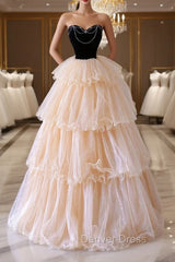 Champagne Sweetheart Tulle Layers Long Party Dresses, Strapless A-Line Prom Dresses