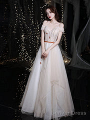 Champagne Sweetheart Tulle Long Prom Dress, Champagne Evening Dress