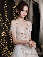 Champagne Sweetheart Tulle Long Prom Dress, Champagne Evening Dress