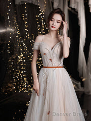 Champagne Sweetheart Tulle Long Prom Dress, Champagne Evening Dress