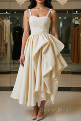 Champagne Tea Length Prom Dresses, Champagne Tea Length Formal Homecoming Dresses