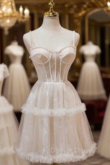 Champagne Tille Spaghetti Straps Pearls Homecoming Dresses