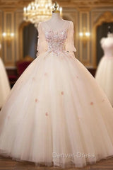Champagne Tulle 3D Appliques Quinceanera Dresses