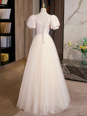 Champagne Tulle A Line Long Prom Dresses, Champagne Formal Graduation Dresses