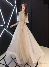 Champagne Tulle A-Line Off Shoulder Formal Dress With Flowers, Simple Prom Dresses Party Dress