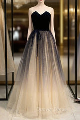 Champagne Tulle And Navy Blue Velvet Strapless Prom Dresses