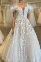 Champagne Tulle Appliques Feather Prom Dresses