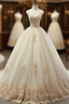 Champagne Tulle Ball Gowns Off The Shoulder Appliques Wedding Dresses