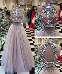 Champagne Tulle Beaded 2 Pieces Long Prom Dresses, Formal Dresses
