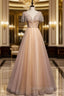 Champagne Tulle Beading V Neck Prom Dresses