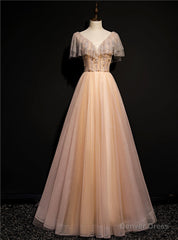 Champagne Tulle Beading V-neck Prom Dress