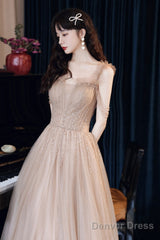 Champagne Tulle Beads Long Prom Dress, Champagne Evening Dress