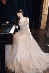 Champagne Tulle Beads Long Prom Dress, Champagne Evening Dress