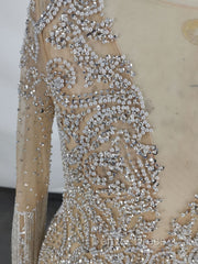 Champagne Tulle Beads Mermaid Short Prom Dresses, Champagne Evening Dresses