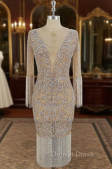 Champagne Tulle Beads Mermaid Short Prom Dresses, Champagne Evening Dresses