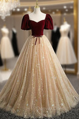 Champagne Tulle Burgundy Velvet Puff Sleeve Prom Dresses