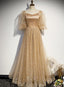 Champagne Tulle Chich Long Puffy Sleeves Prom Dress Prom Dress, A Line Tulle Prom Dresses