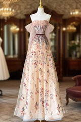 Champagne Tulle Emboidery Flower Prom Dresses