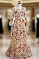 Champagne Tulle Embroidery Long Sleeve Prom Dresses