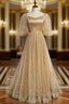 Champagne Tulle Embroidery Puff Sleeve Prom Dresses