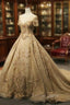 Champagne Tulle Embroidery Short Sleeve Backless Haute Couture Wedding Dresses