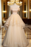 Champagne Tulle Flower Beading Off the Shoulder Prom Dresses