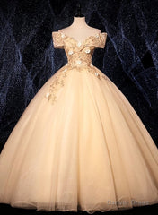 Champagne Tulle Flowers Off Shoulder Sweet 16 Party Dress, Long Prom Dress, Formal Gown