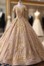 Champagne Tulle Gold Lace Appliques Beaded Sequins Wedding Dresses