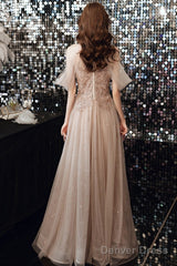 Champagne Tulle Haler Beaded Shiny Long Party Dress, A-Line Prom Dress Evening Dress