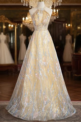 Champagne Tulle Halter Beading Prom Dresses