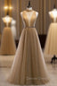 Champagne Tulle High Neck Pleats Beading Backless Long Prom Dresses