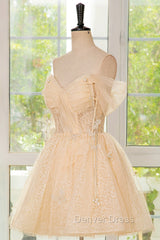 Champagne Tulle Knee Length Prom Dresses, Lovely A-Line Party Homecoming Dresses