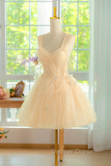 Champagne Tulle Knee Length Prom Dresses, Lovely A-Line Party Homecoming Dresses