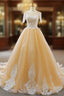 Champagne Tulle Lace Appliques Short Sleeve Backless Wedding Dresses