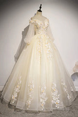 Champagne Tulle Lace Floor Length Prom Dresses, Off Shoulder Long Sleeve Evening Dresses
