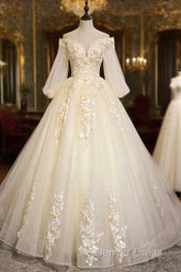 Champagne Tulle Lace Floor Length Prom Dresses, Off Shoulder Long Sleeve Evening Dresses