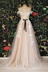 Champagne Tulle Lace Long Prom Dresses, A-Line Off the Shoulder Evening Dresses