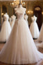Champagne Tulle Lace Long Prom Dress, A Line Spaghetti Straps Backless Prom Dresses
