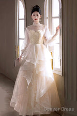 Champagne Tulle Lace Long Prom Dress, Beautiful Long Sleeve Evening Party Dress